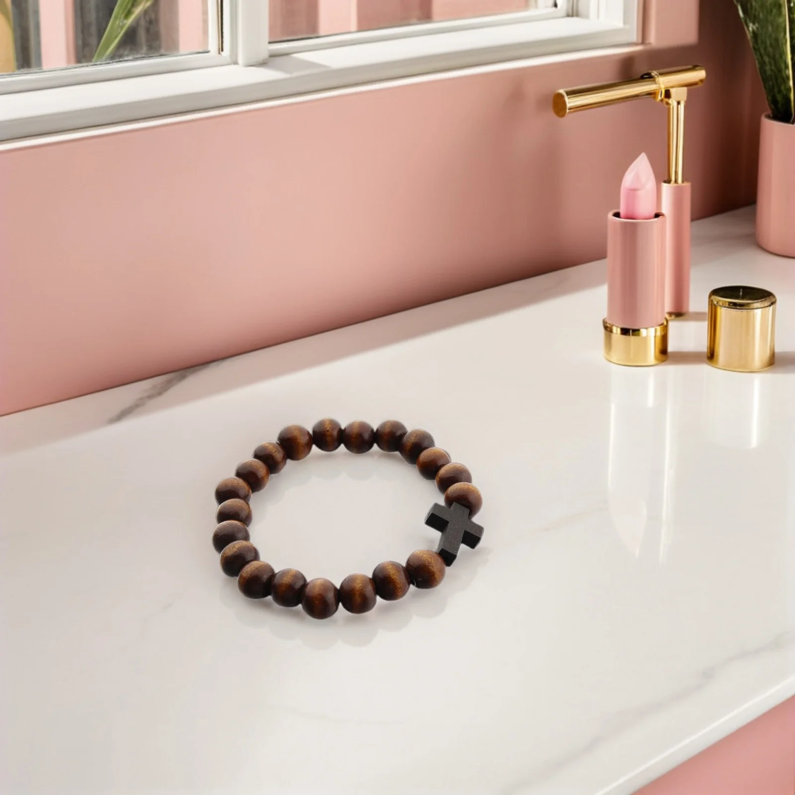 

Wooden Bead Handmade Round Chain Cross Bracelets Wood Cross Pendant Brown Color Fashion Jewelry Women Accessories Gift