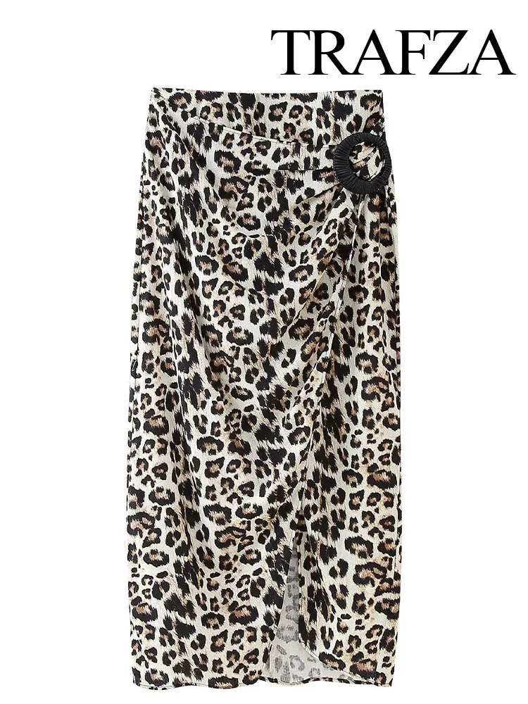 

TRAFZA Women Summer New Fashion Animal Print Zipper Hem Slit Midi Skirt Female Beach Vacation Mid-Calf Leopard Print Sexy Skirt