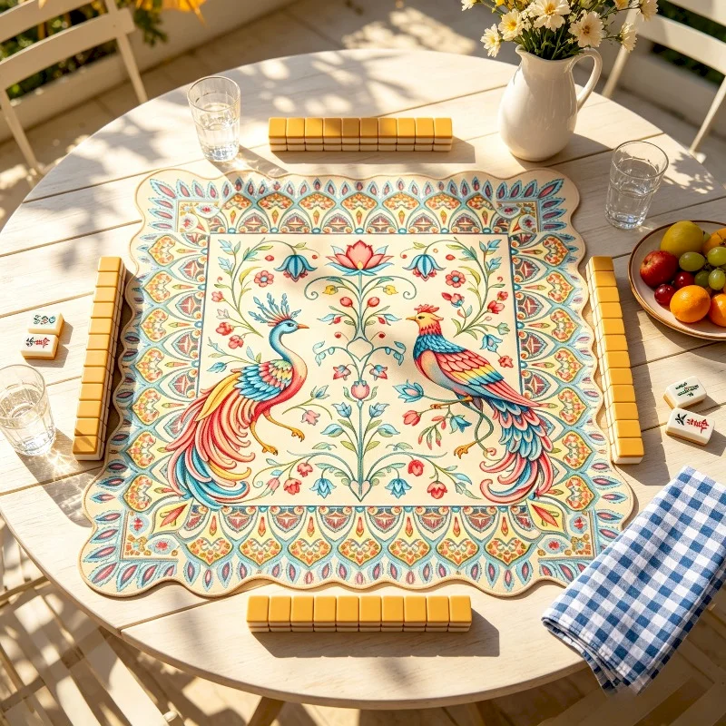 VIKAMA Peacock Flower Mahjong Table Mat Bohemian Square Gaming Carpet Anti Slip Noise Reduction Rubber Table Mat Home Decoration