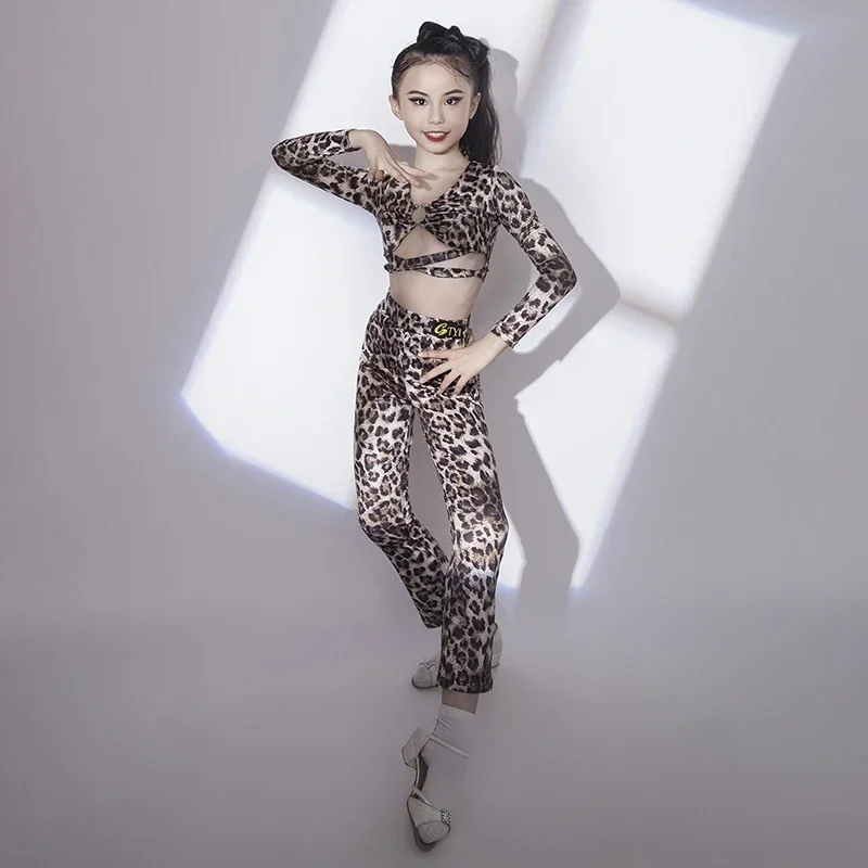 Vêtements de danse latine imbibés de léopard pour enfants, manches longues, pantalon en Y, vêtements de compétition de pratique de danse de salon Régions ba, NV20477