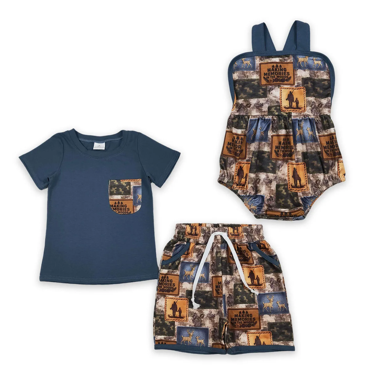 New Fashion Boy Set Hunting Clothes Short Sleeve Shirt Top Deer Camo Checked Pockets Shorts Sets Baby Romper Match Wholesale