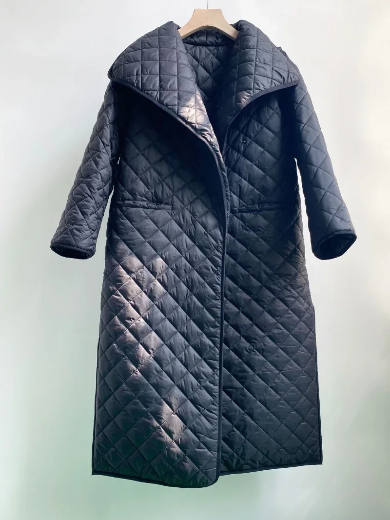 2022 Winter Niche Design Thickened Large Lapel Cotton Jacket Quilted Diamond-shaped Long Coat Women Parkas