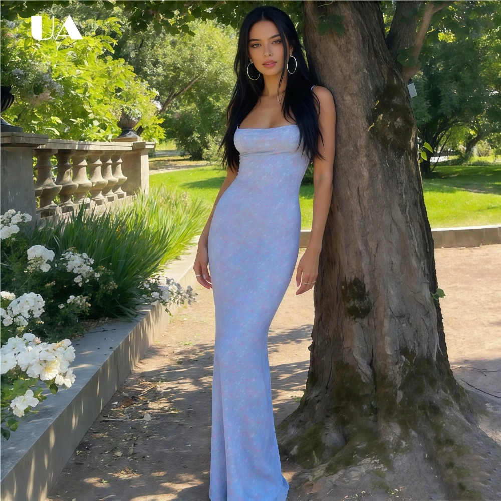 

Sexy Sheath Backless Flower Printed Maxi Dress with Spaghetti Straps, Fashionable Scoop Neck Long Dress, Vacation Style Dress