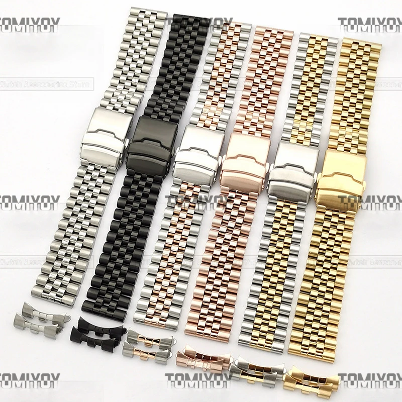 

20 22MM Flat/Curved End Black Silver Gold Rose Gold Solid Stainless Steel Jubliee Watch Band