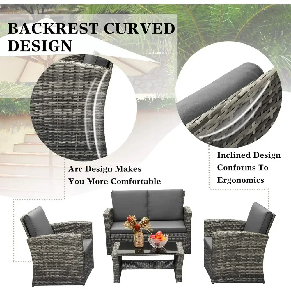 4 Piece Outdoor Patio Furniture Sets, Wicker Conversation Sets, Rattan Sofa Chair with Cushion for Backyard Lawn Garden, Sofas