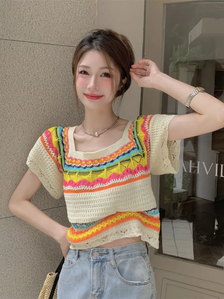 Knitted Rainbow Striped T-shirts for Women 2023 Summer Harajuku Colorful Top Mujer Korean Style Girlish College New Arrival