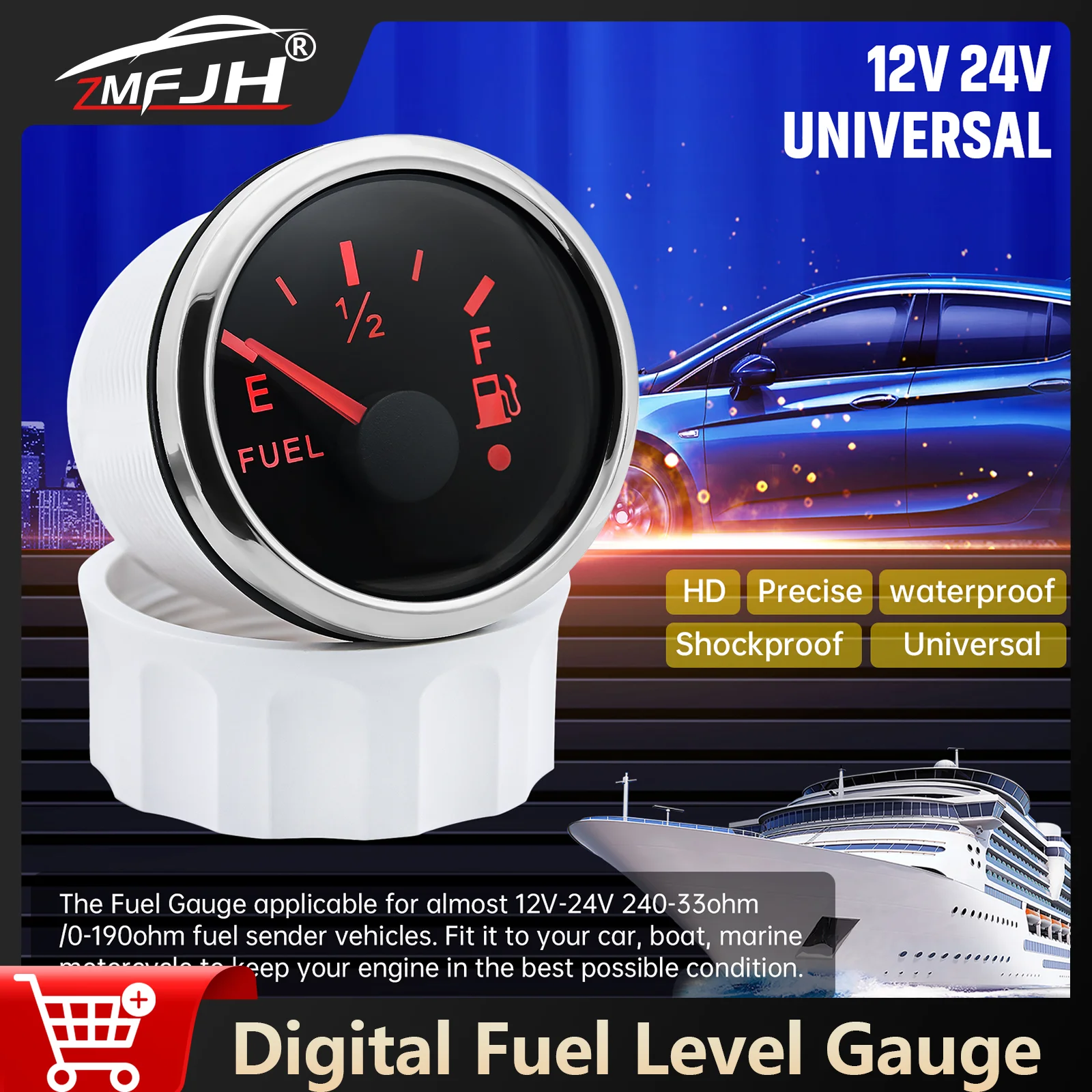 

52mm Digital Fuel Level Gauge 0-190ohm/240-33ohm Fuel Level Tank Indicator With Warning Light For Marine Boat Car 12V 24V