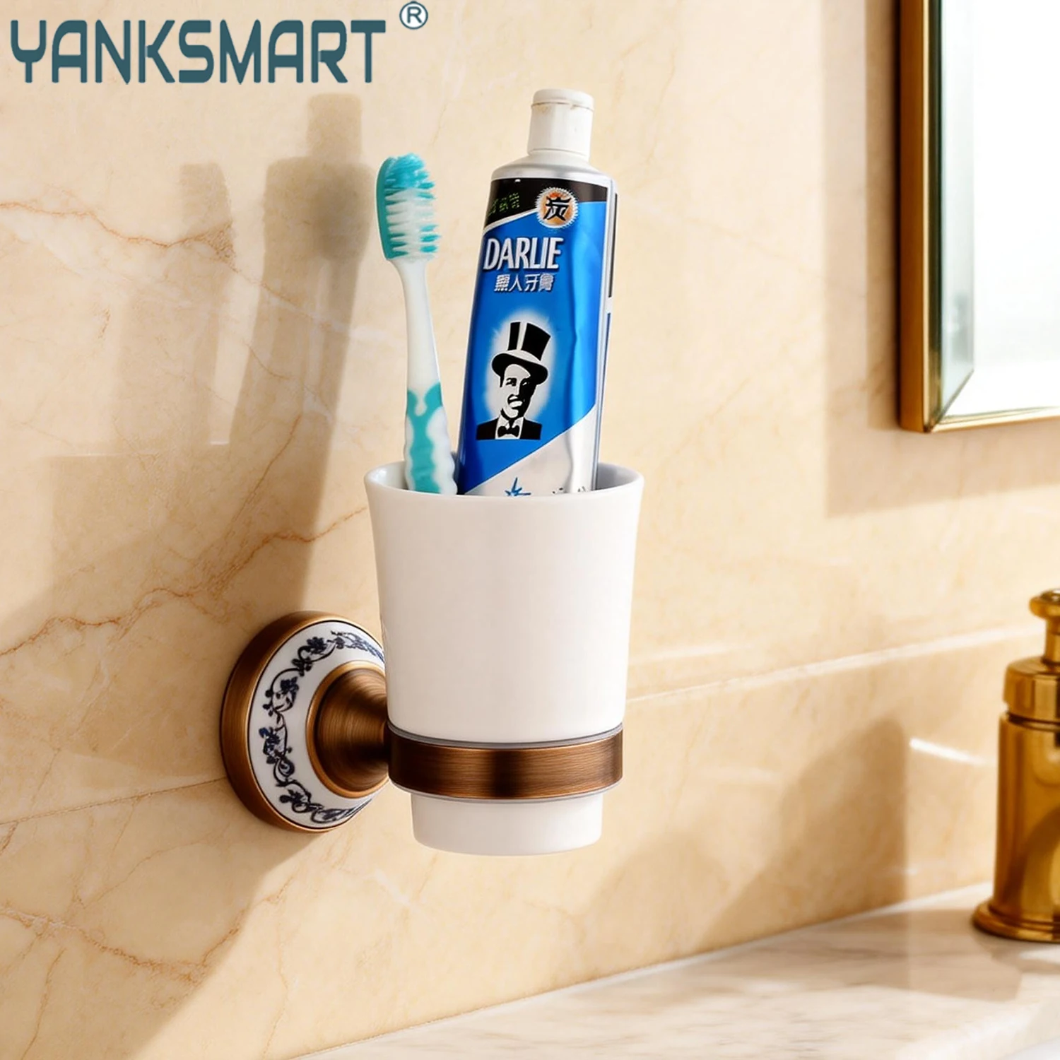 

YANKSMART Antique Brass Single Lace Ceramic Cup Base Bathroom Hardware Accessories Wall Mounted Toothbrush Holder Toiletries Cup