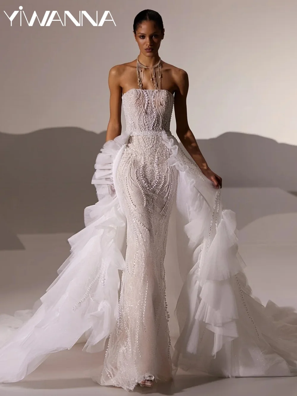 فستان زفاف مكشكش قابل للانفصال مزين بالخرز واللؤلؤ فستان زفاف 2026 مخصص رشيق بدون حمالات للعروس #1