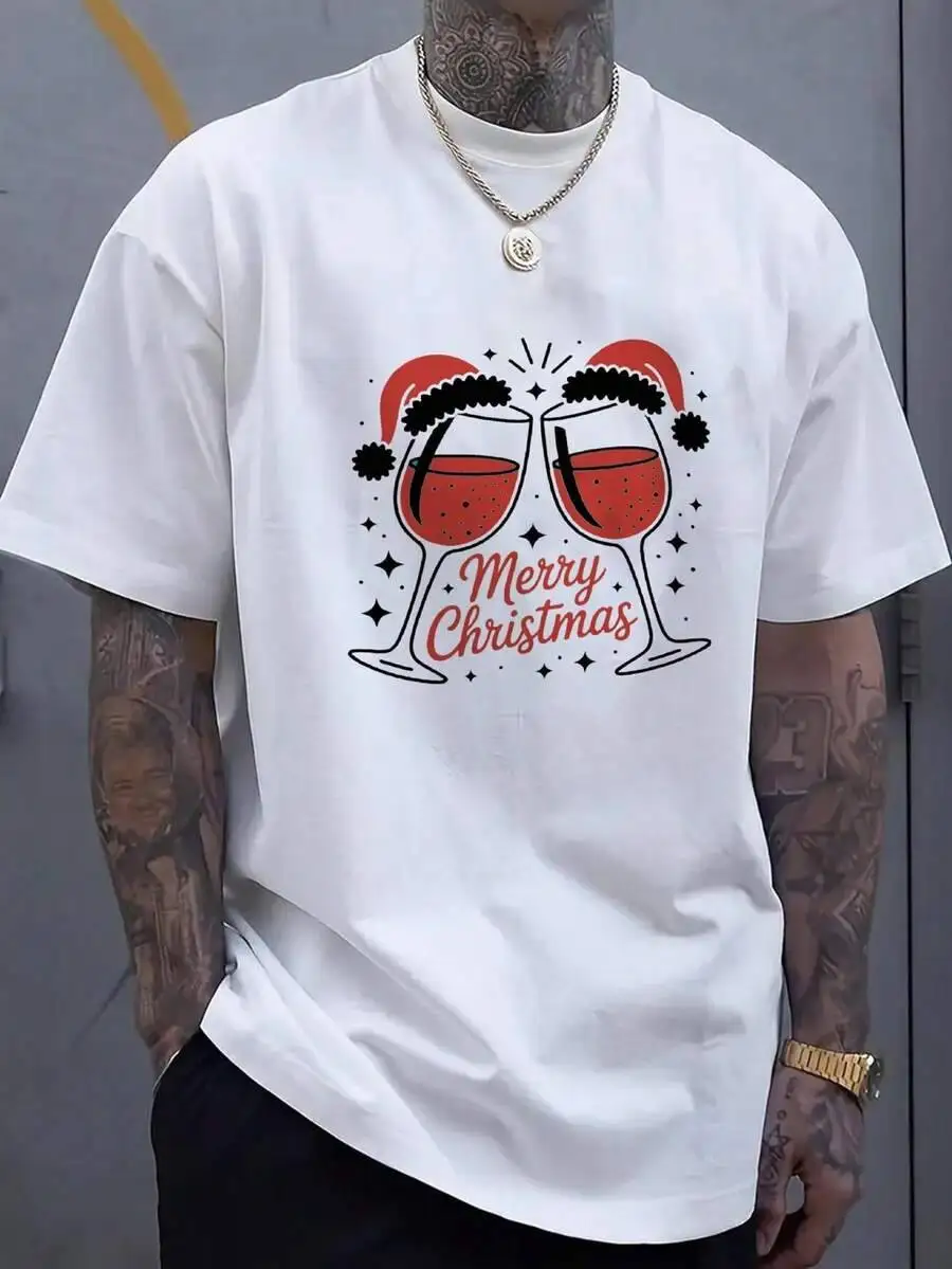 Men's White T-Shirt With A Hat Champagne Glass Pattern, Red "Merry Christmas" Text - Lightweight And Breathable Fabr 100% Cotton