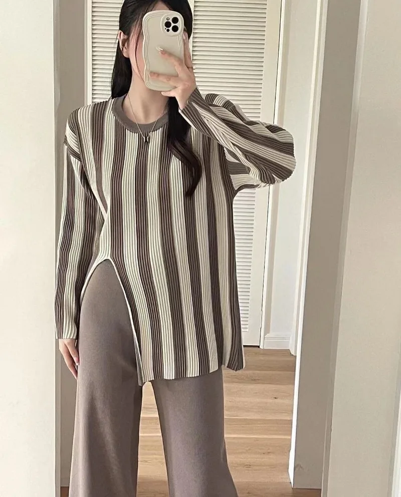 New Oversized Striped Knited Two Piece Set for Women Irregular Casual Loose Split Long Sweater + Wide Leg Pants Sets Tracksuit