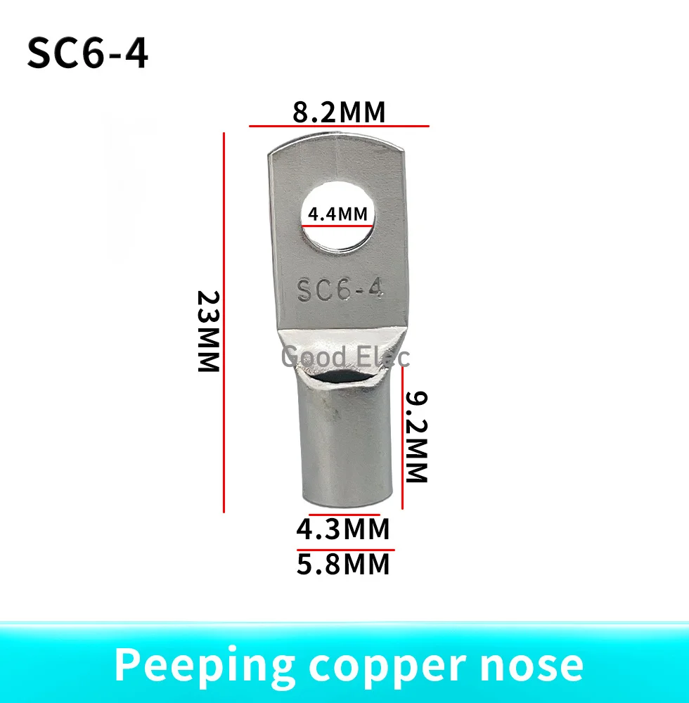 100PCS SC6-4 SC6-5 SC6-6 SC6-8 SC6-10 tinned copper 6mm bolt hole 6.0mm² cable lug battery connector crimping terminal