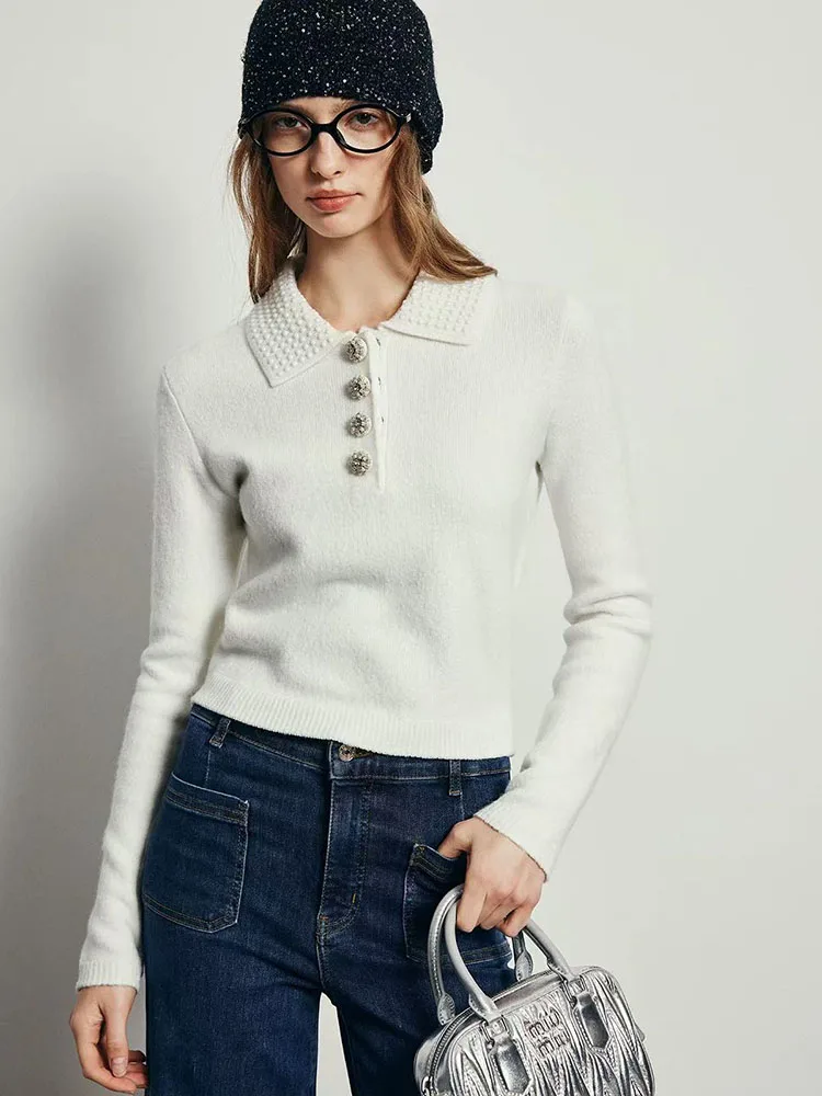 2025 early spring white pearl POLO collar drill buckle long-sleeved knit sweater women versatile short thin blouse