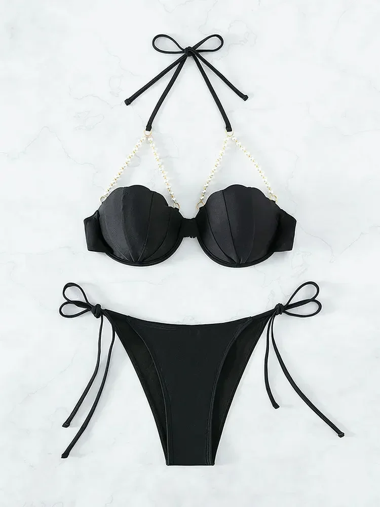 2024 New Sexy White Bikini Women Pearls Swimwear Black Push Up Bathing Suit Swimsuit Female Solid Underwired Bra Cup Bikini Set