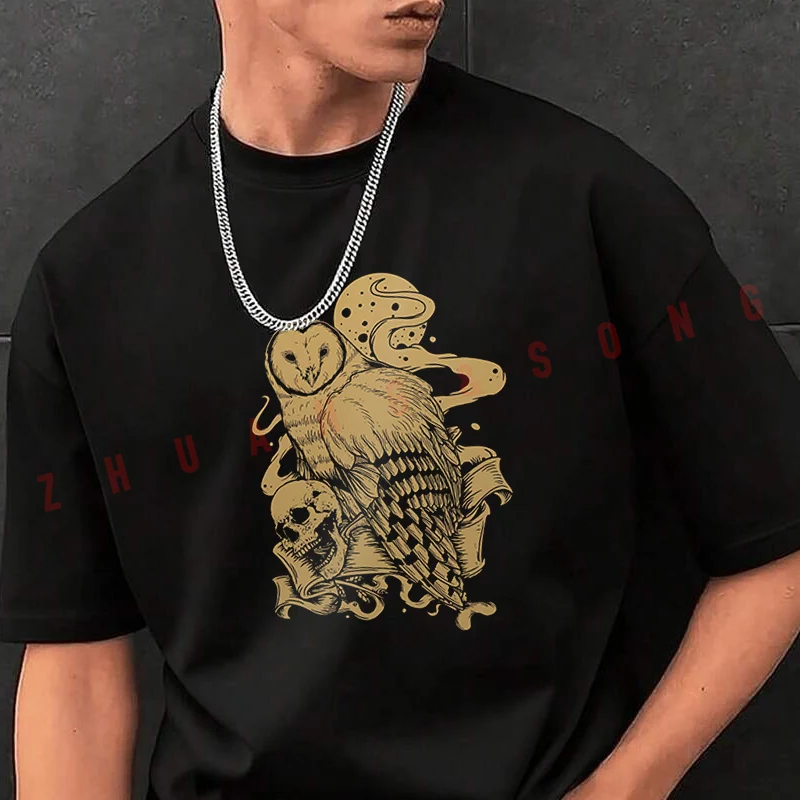 

Мужская футболка с принтом совы и черепа, модная повседневная футболка в уличном стиле, подходит для путешествий и занятий спортом.