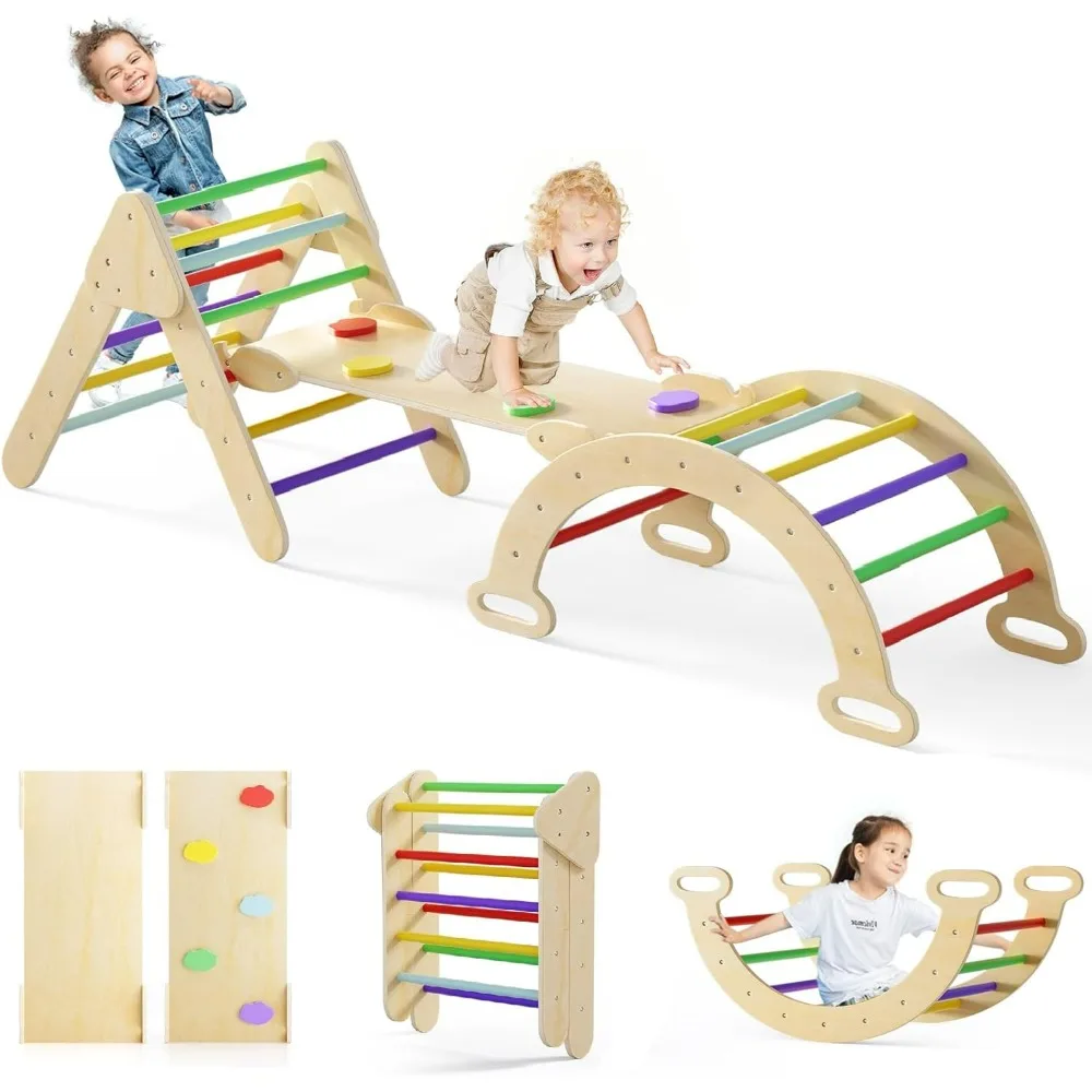 

Climbing Toys for Toddlers 1-3 Inside, 5 in 1 Wood Foldable Pikler Triangle Set with Ramp Ladder Arch Slide, Baby Indoor Play