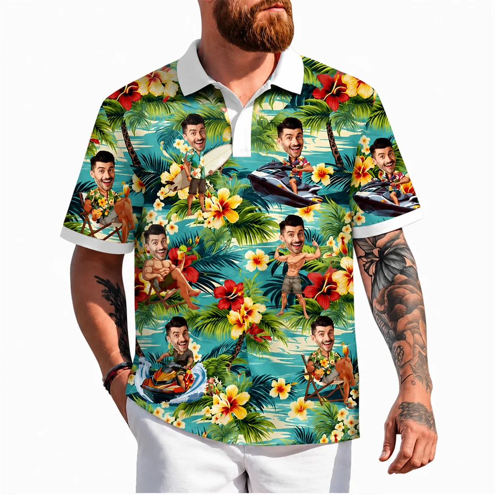 Custom Face Hawaiian Polo Hibiscus Surf Beach DIY Photo Casual Holiday  Tops Great Gift Boyfriend Husband Tropical Daily Shirts