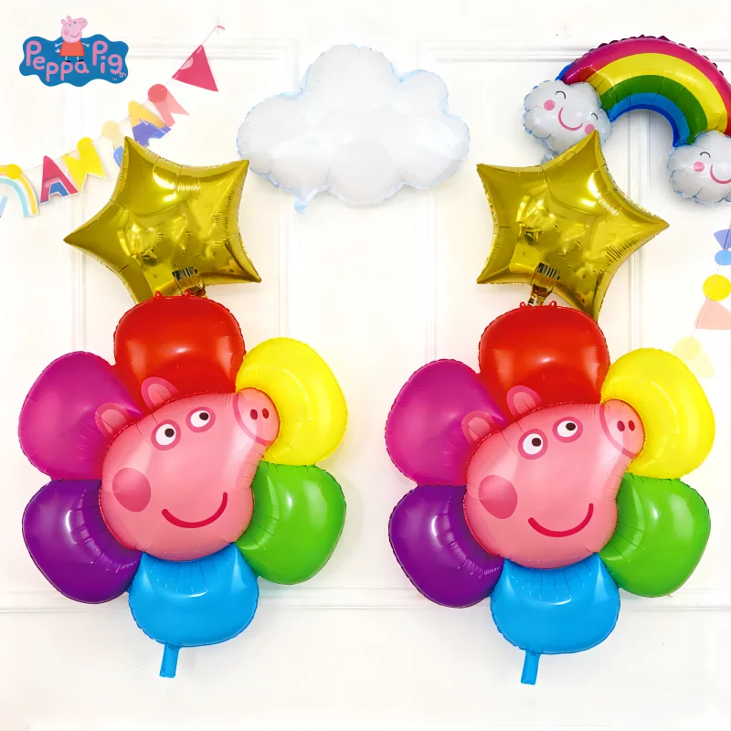 4pcs Extra Large Peppa Pig Theme Sunflower Shape Aluminum Foil Balloons Set with Star Shape for Festival Party Decoration