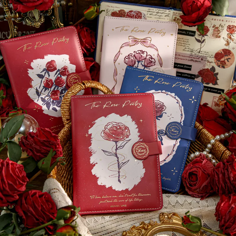 Cuaderno romántico con tema de rosa, Bloc de notas con hebilla magnética de cuero suave, diseño clásico, ilustración de rosa, diario de tapa dura