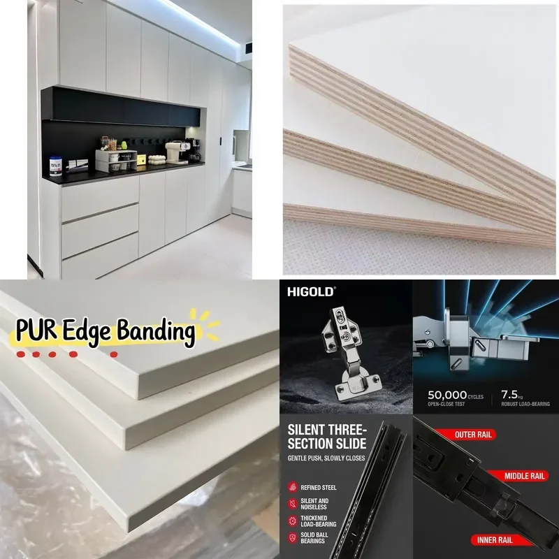 Modern style white melamine board living room cabinet with black decoration, simple and elegant design, perfect for villas.