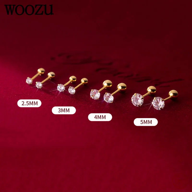 WOOZU Real 925 Sterling Silver Fashion Simple Small Round Zircon Screw Beads Stud Earrings for Women Wedding Jewelry Accessories