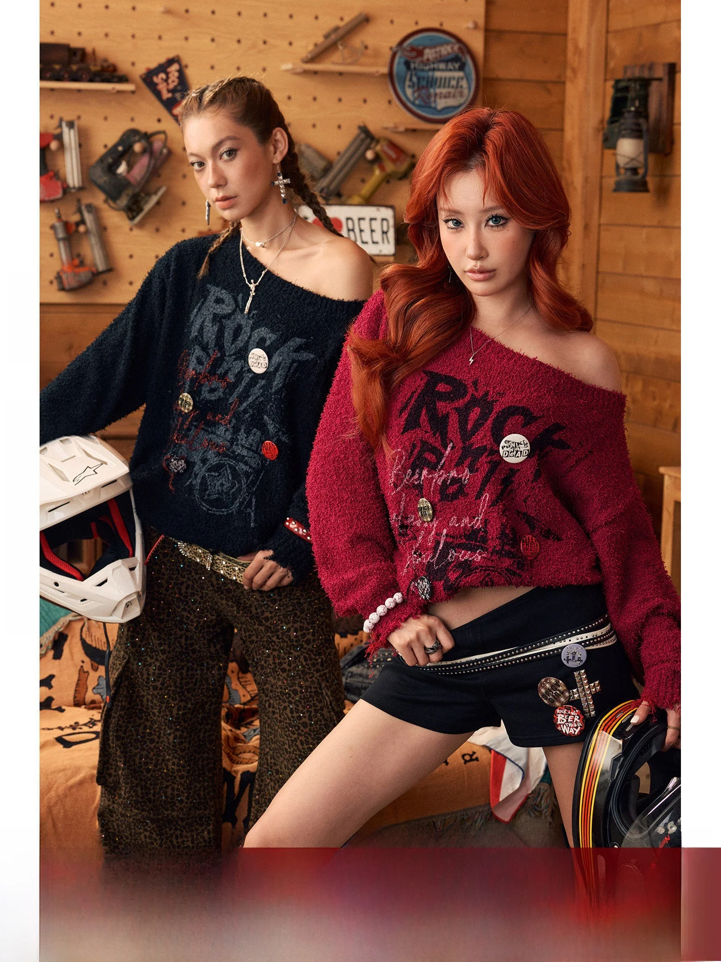 

Свитер Street Sle BeerBro Qui West Special Texture Sensation Yarn Spicy Girl Mor Shoulder свободного кроя с длинными рукавами и круглым вырезом