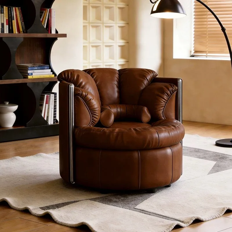 Medieval rotating leather sofa chair study tea room living room retro light luxury backrest leisure chair master seat sofa