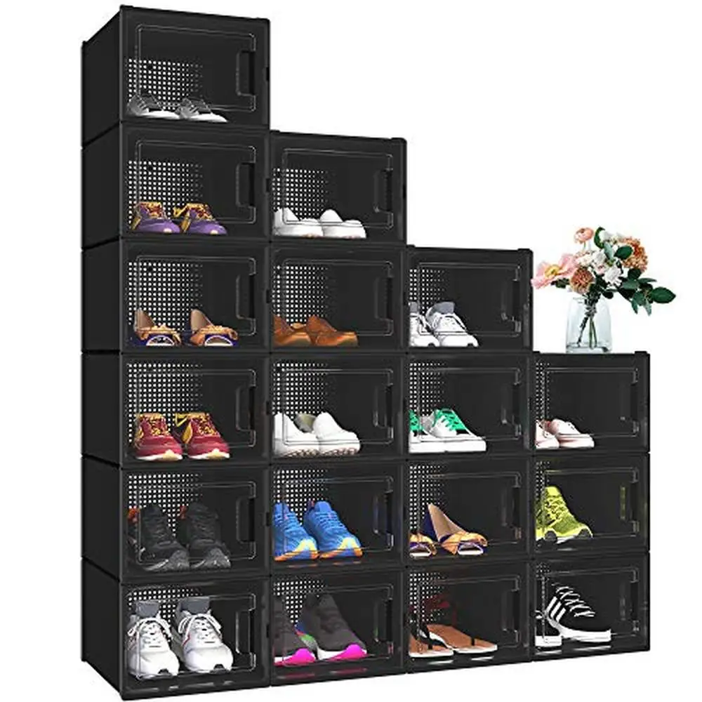 18-Pack Shoe Storage Organizer Clear Plastic Shoe Box Stackable Closet Sneaker Organizer Fit up to US Size 15 Men Women Shoes