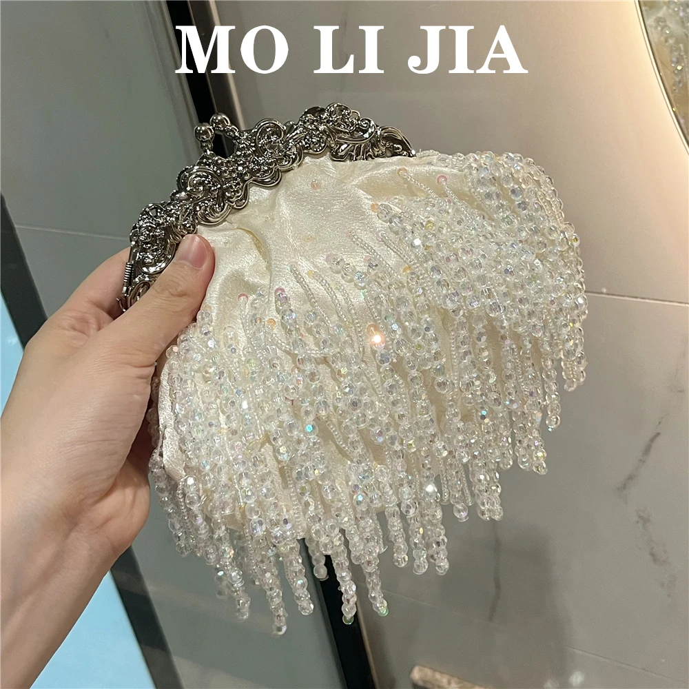 

Luxury Designer White Satin Bag Women Handbag Pearl Beaded Tassel Evening Bag Wedding Party Clutch Purse Shoulder Crossbody Bag