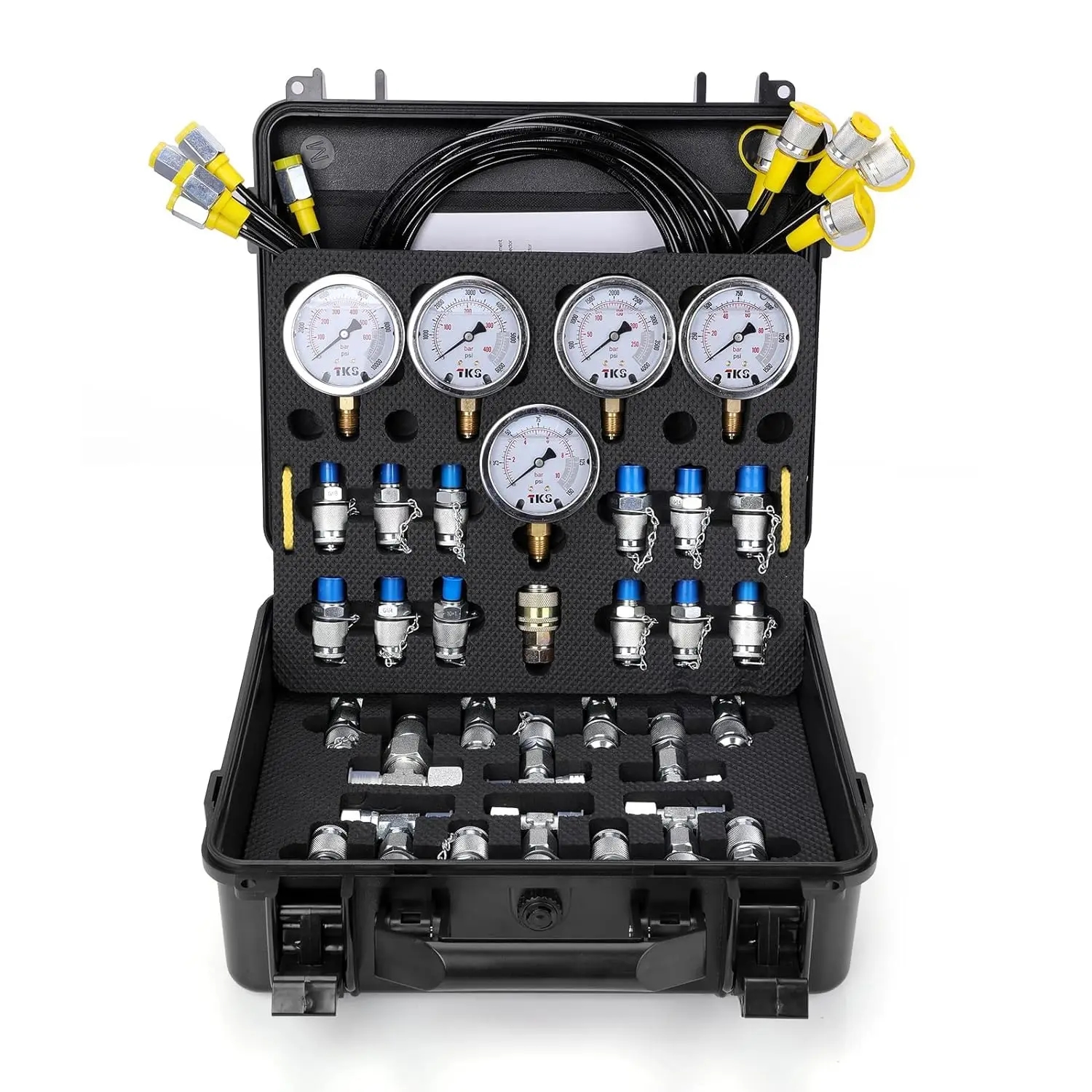 Pressure Test Kit, 600bar /10000psi / 60Mpa 5 Gauges 13 Couplings 14 Tee Connectors 5 Hoses, Hydraulic Gauge kit