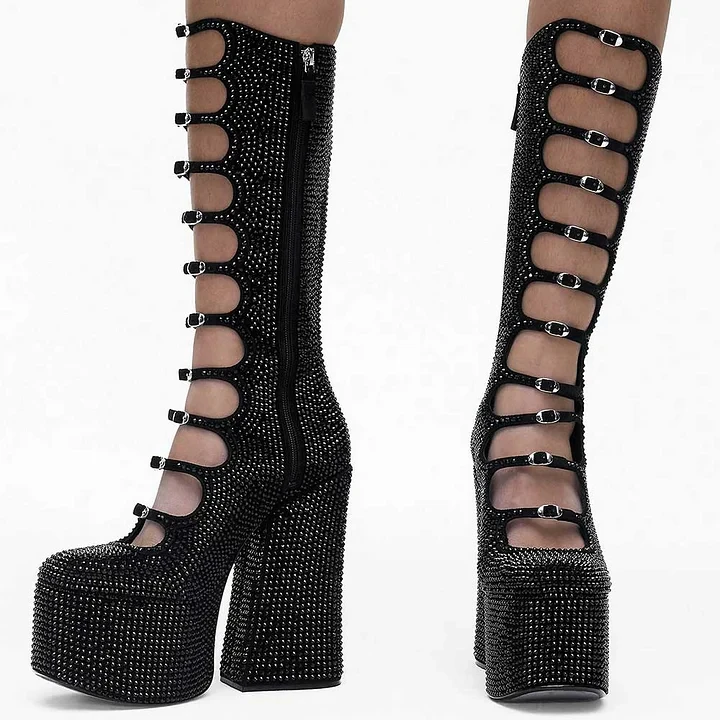 

Black Buckle Strappy Chunky Heel Platform Knee High Rhinestone Boots Round Toe Classic Hollow Belt Punk Cool Girl Summer Sandals