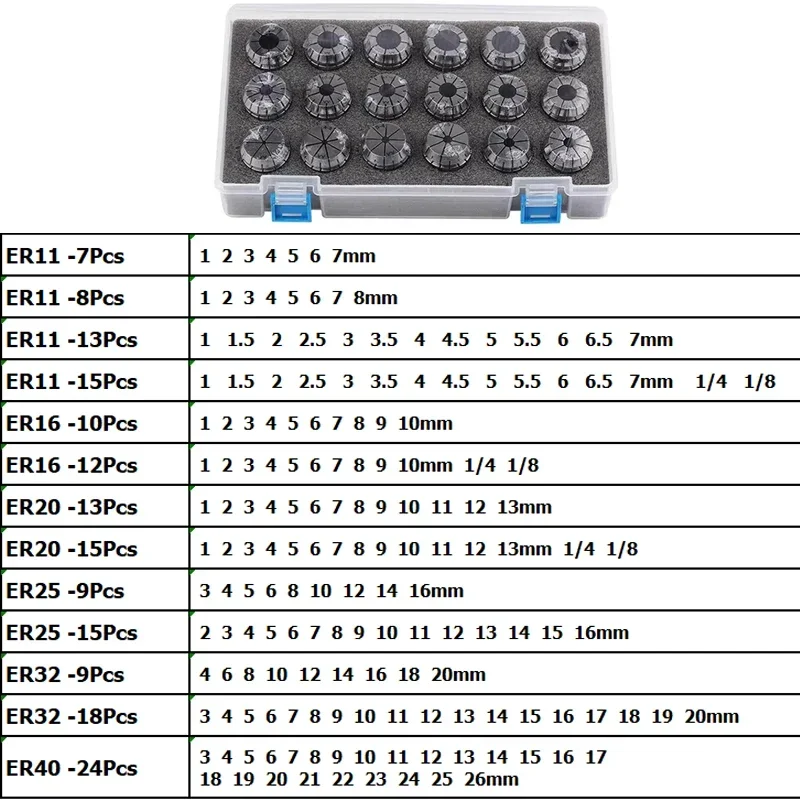 Collet Set ER11 ER16 ER20 ER25 ER32 ER40 High Precision 0.008mm 0.015mm Tools Holder Clamping Grade A AA