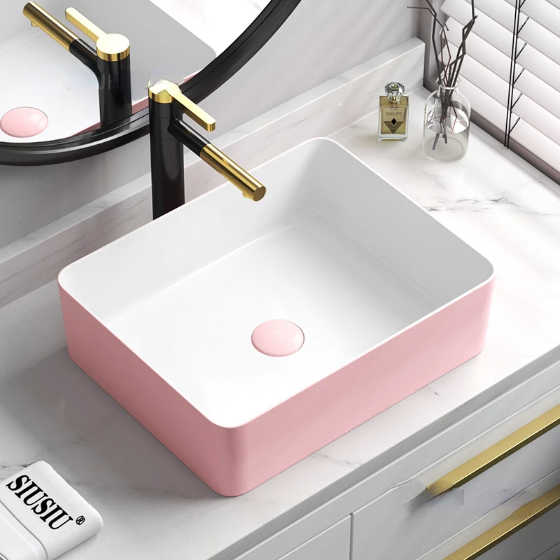 

Rectangular Bathroom Sinks Pink Wash Basin Single Basin Small Size Circular Bathroom Washbasins Nordic Kitchen Washing Sinks