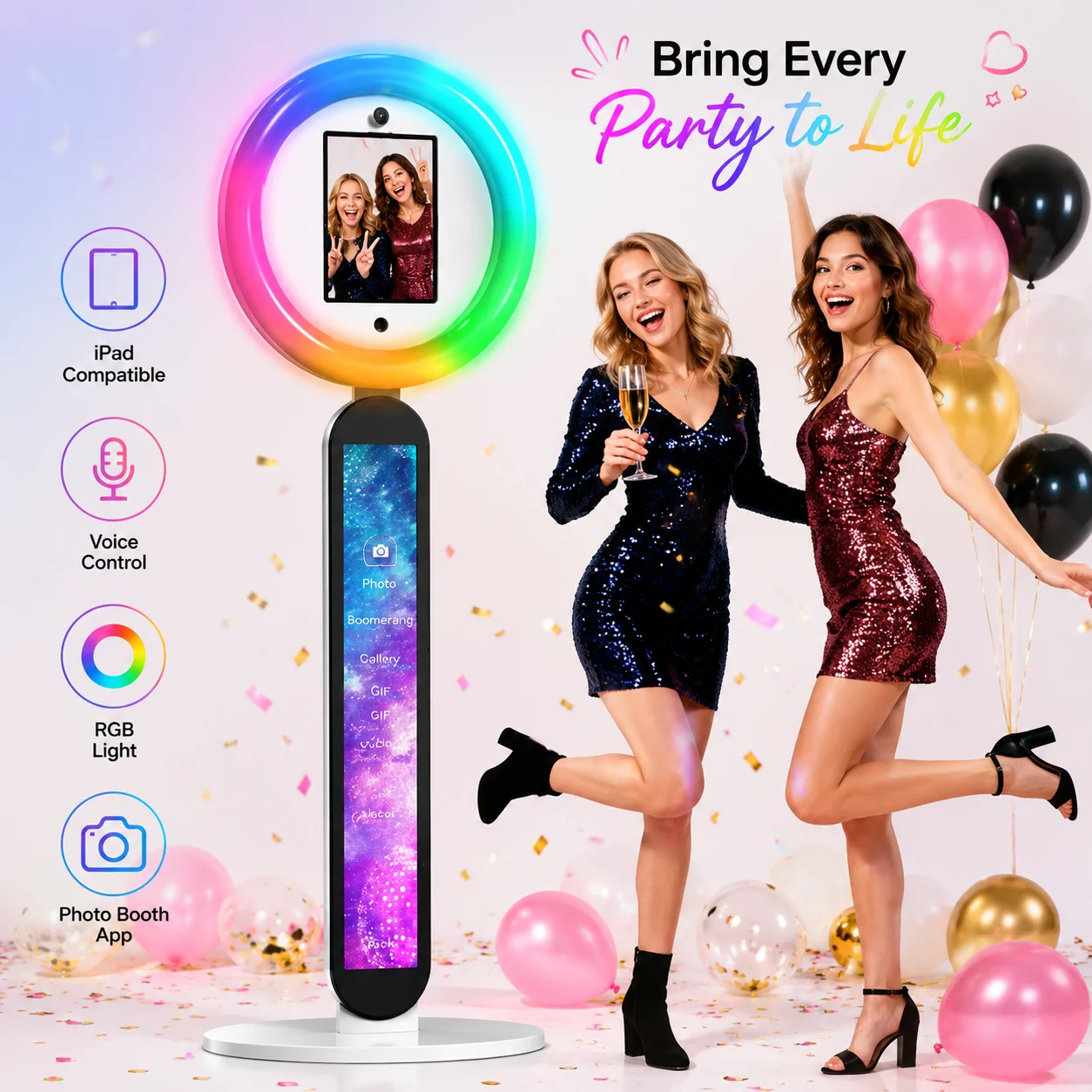 

Portable iPad Photo Booth Stand RGB Ring Light Selfie Booth Compatible with All iPad Sizes for Wedding Birthday Party Corporate
