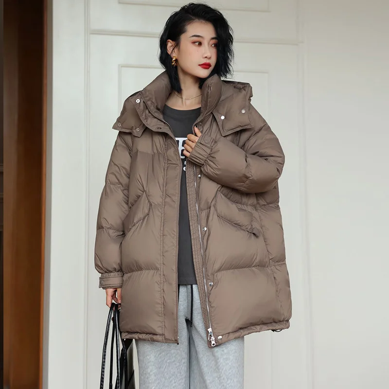 Women\'s Down Jacket Hooded Medium-length Jacket 2024 Winter Thick Section Korean Fashion Warm Casual Coats Down Fill Parkas