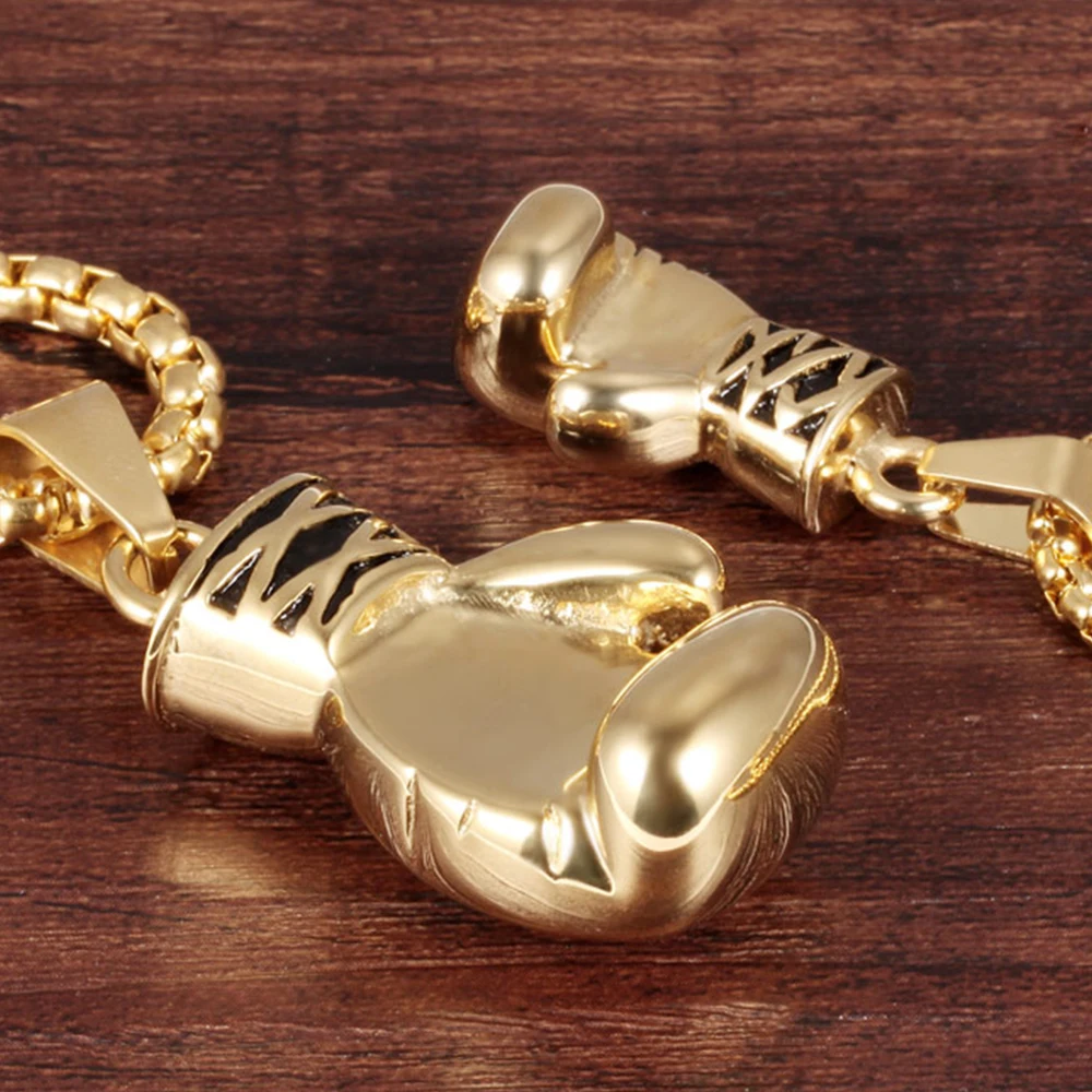 

JHSL Men Statement Boxing Glove Necklace Pendants Sports Theme Stainless Steel Black Gold Color Fashion Jewelry Dropship