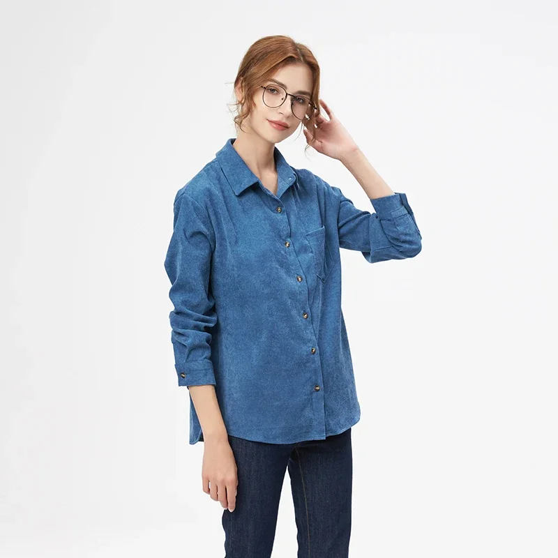 Simple Casual Corduroy Shirts Women 2024 New Fresh Lady Solid Color Loose Blouses and Tops Ladies Long Sleeve Shirt Clothing