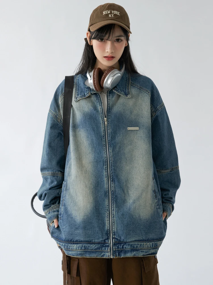 Denim Jackets Women Washed Retro Sequined Design Chic Loose Blocking Korean Style High Street Cool Girls Daily Fashion Zip Up