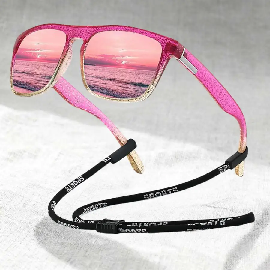 Fashion Square Glittering Material Stripe Design Sunglasses Unisex Fishing Driving Vintage Brand Designer With Chain Sun Glasses