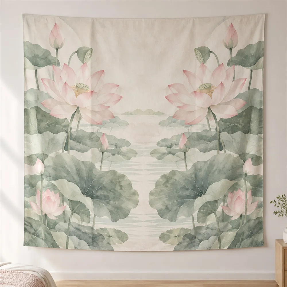 VIKAMA Lotus Pond Mirror Symmetric Korean Tapestry Wall Hanging, Aesthetic Korean Room Decor Tapestries for Living Room Bedroom