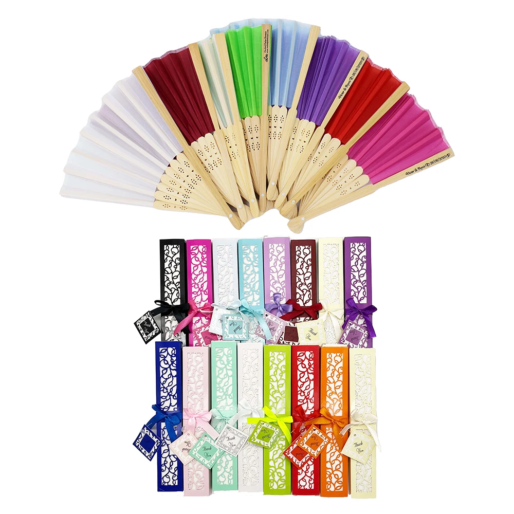 

200pcs/Lot Wedding Hand Fans with Gift Box Print Name and Date As Invitations Favors For Guests 16 Colors Available