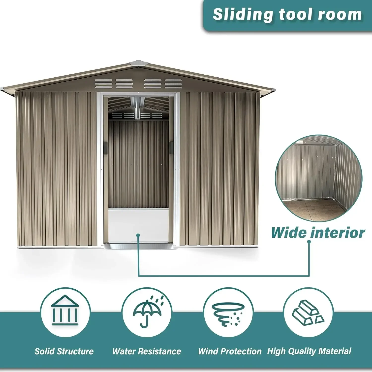 Abri de rangement en métal pour l'extérieur, portes coulissantes verrouillables, grille d'aération, petite maison, utilitaire, rangement d'outils, 8 po x 6 po