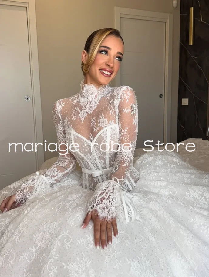 豪華なプリンセスサウジウェディングドレスハイネック長袖骨抜き教会ロイヤル中東ブライダルガウン衣装カスタムサイズ