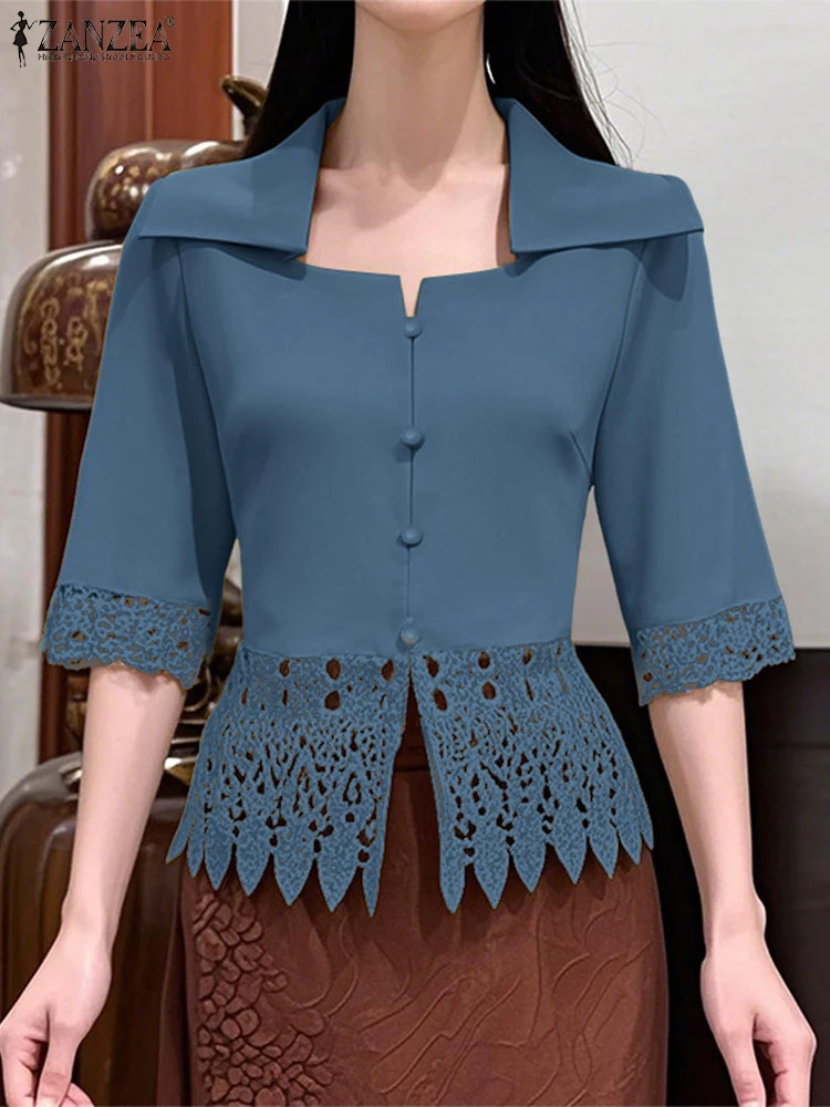 

ZANZEA Elegant Women Fashion Office Lady Lace Tops Summer 3/4 Sleeve Shirts 2025 Lapel Casual Solid Color Blouse Tunic Blusas