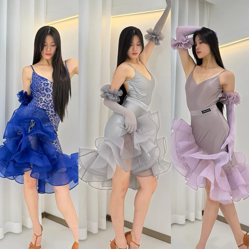 

Latin Dance Suit Women Summer Latin Stage Show Costume Adult Tango Performance Clothes Blue Red Gray Bodysuit Skirt Set VBH1834