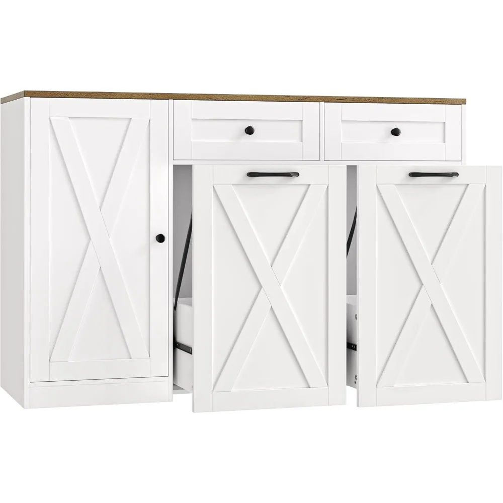 

13 Gallon Kitchen Trash Cabinet, 47" Double Trash Can Cabinet, Large Pull Out Can Storage Drawers, Wood Farmhouse Hidden Garbag