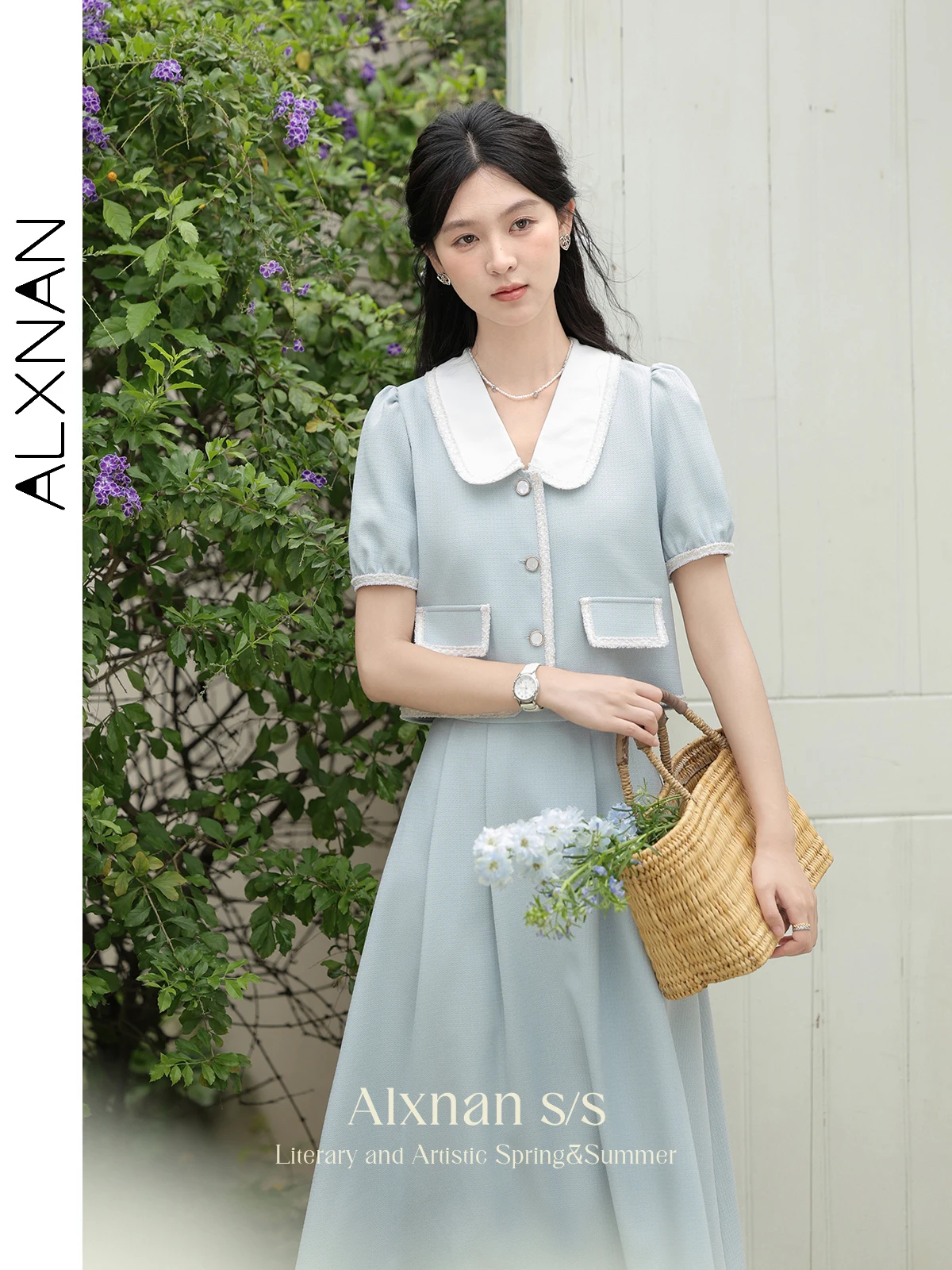 ALXNAN Lapel Button Up Cropped Blouse & Shirt 2024 Summer New Woman Clothing Light Blue Short Sleeve Womens Tops Shirts L35301