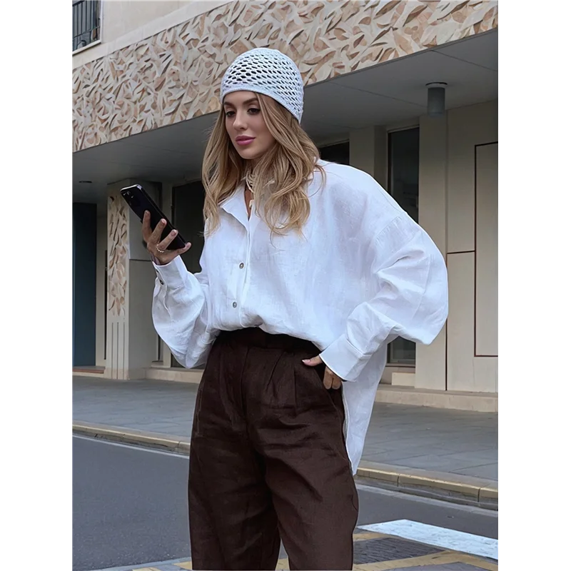 A83F-chemises boutonnées pour femmes, manches longues, hauts en gaze de coton, chemisiers à col décontractés, coupe ample