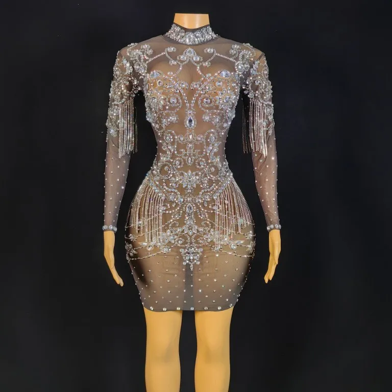 

Women Luxury Black Bright Rhinestones Mesh Long Sleeve Bodycon Mini See Through Special Occassion Evening Club Party Dresses