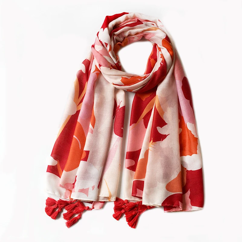 

2022 New Cotton Ombre Flower Print Tassel Scarf Shawls Soft Floral Beach Hijab Wrap Free Shipping